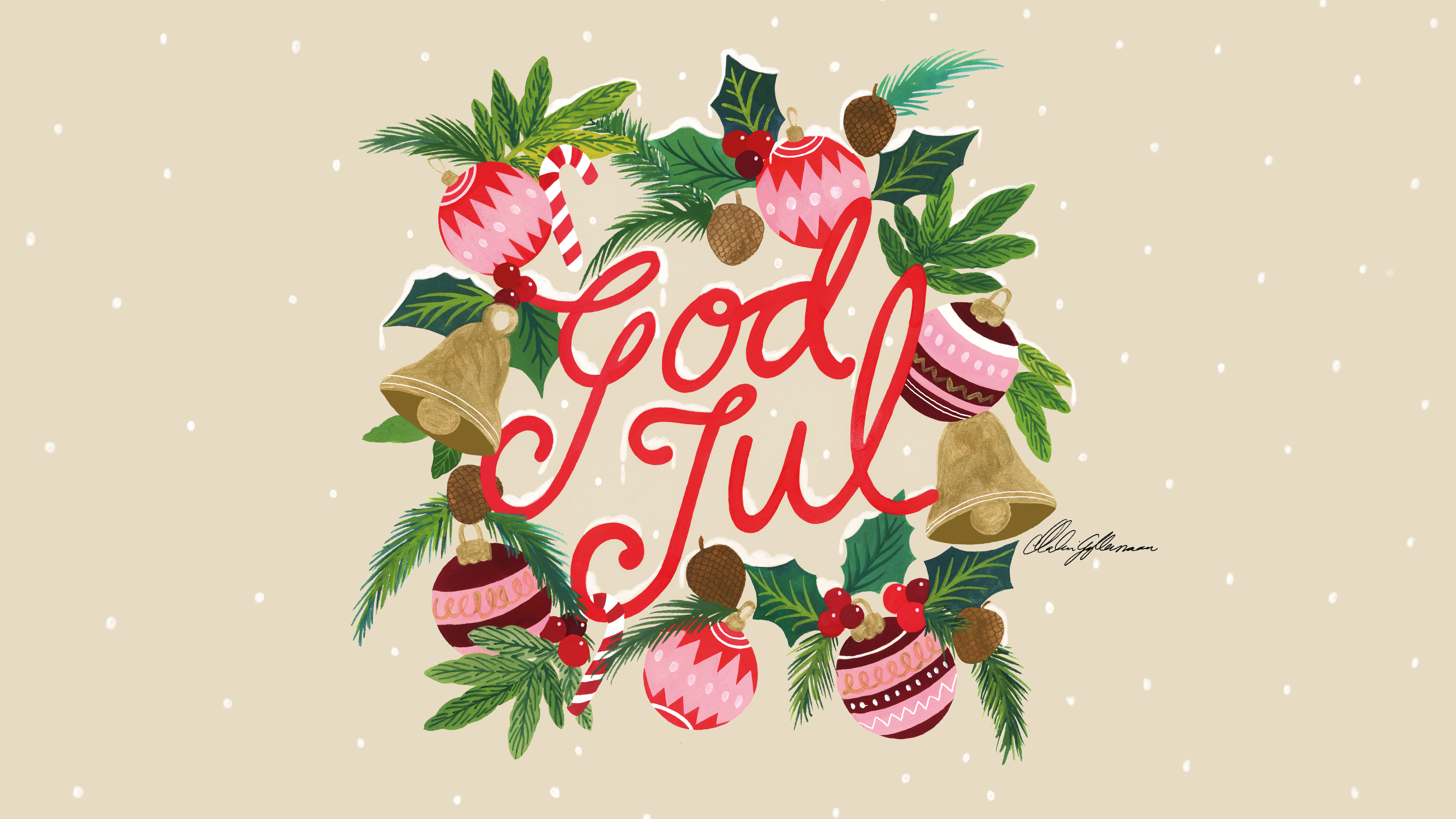 Illustration med texten God Jul omgiven av juldekorationer, tallkvistar och klockor.