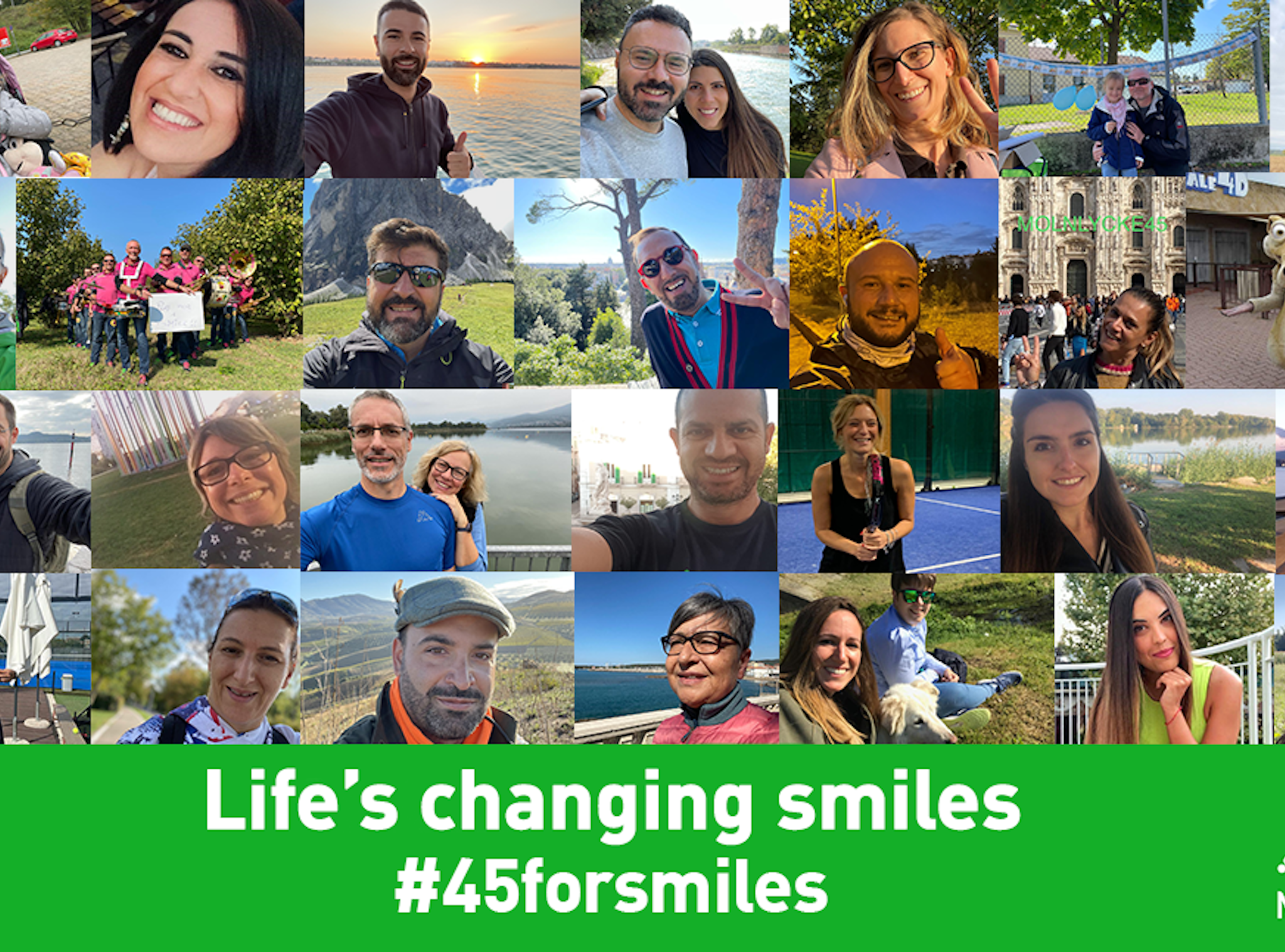 Kollage med närbilder av glada medarbetare från hela världen och texten Life's changing smiles #45ForSmiles