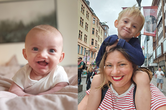 Bebis med läppspalt ligger på mage framför kameran, bredvid en bild när han är fyra år och sitter på sin mammas axlar.