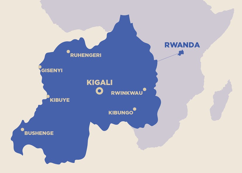 Karta över Afrika med Rwanda markerat och större städer som Kigali, Gisenyi, Ruhengeri, Kibuye, Rwinkwau, Kibungo och Bushenge.