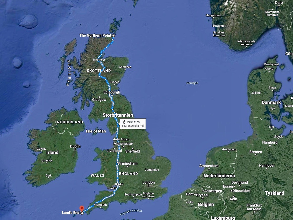 En karta som visar en rutt från Lands End i sydvästra England till The Northern Point i nordöstra Skottland genom Storbritannien.