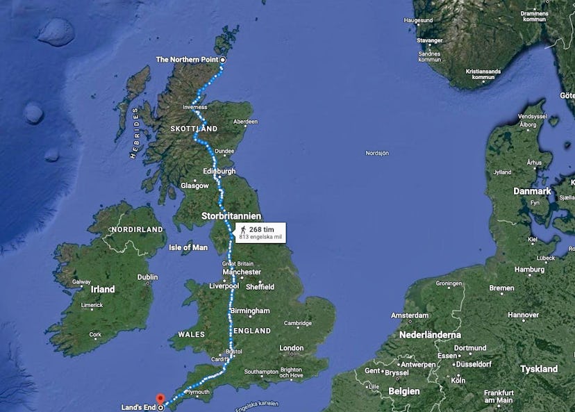 En karta som visar en rutt från Lands End i sydvästra England till The Northern Point i nordöstra Skottland genom Storbritannien.