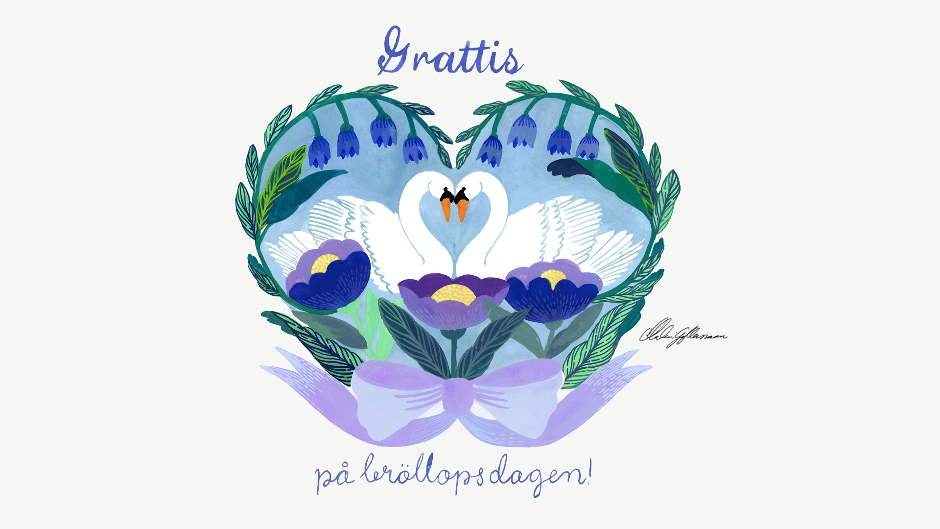 Två svanar rör vid varandras näbbar i hjärtform, omgivna av blommor, med texten Grattis på bröllopsdagen! och ett lila band.