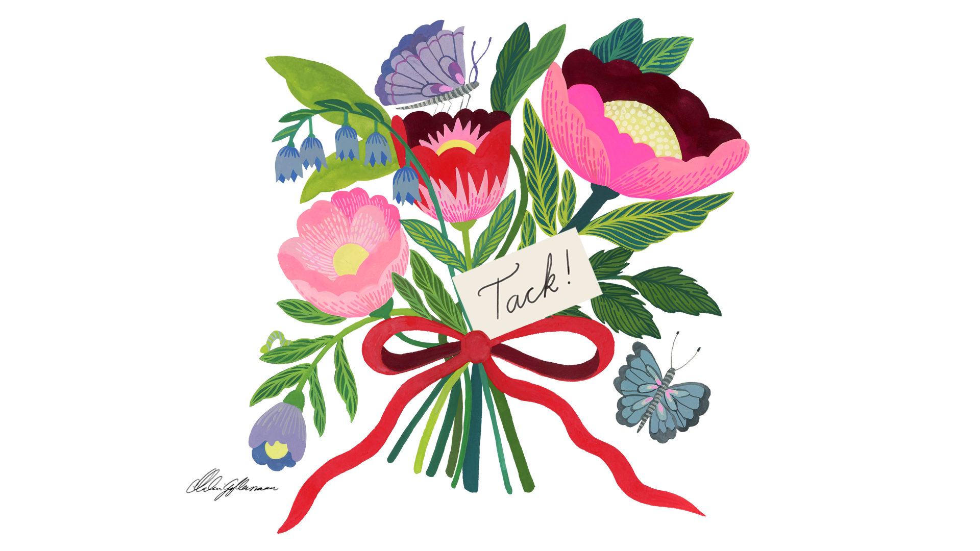 Illustration av en bukett blommor med ett rött band, en lapp med texten "Tack!" och två fjärilar bredvid.