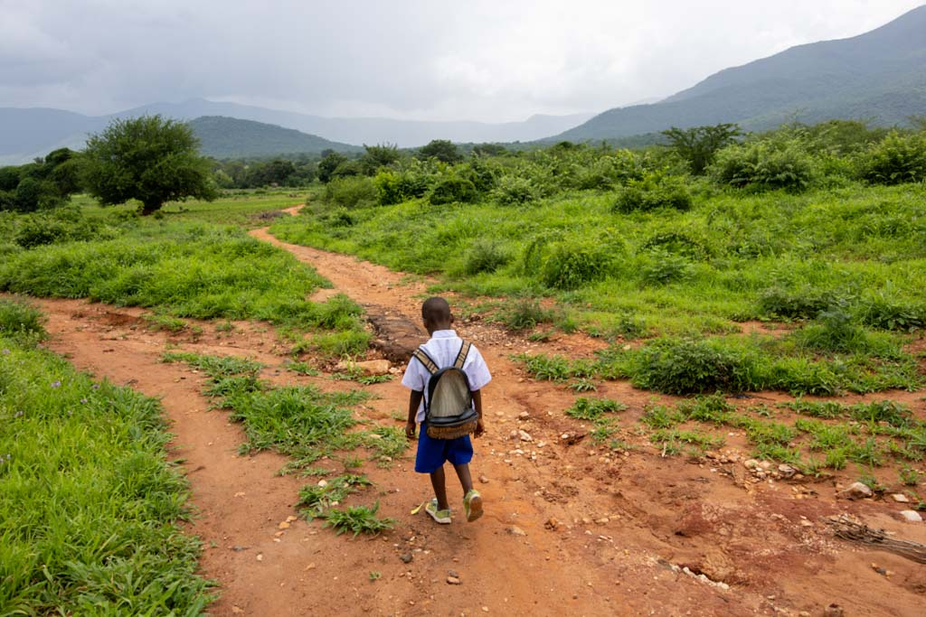 Ett barn med ryggsäck går ensam på en grusväg genom ett lantligt område med berg i bakgrunden.