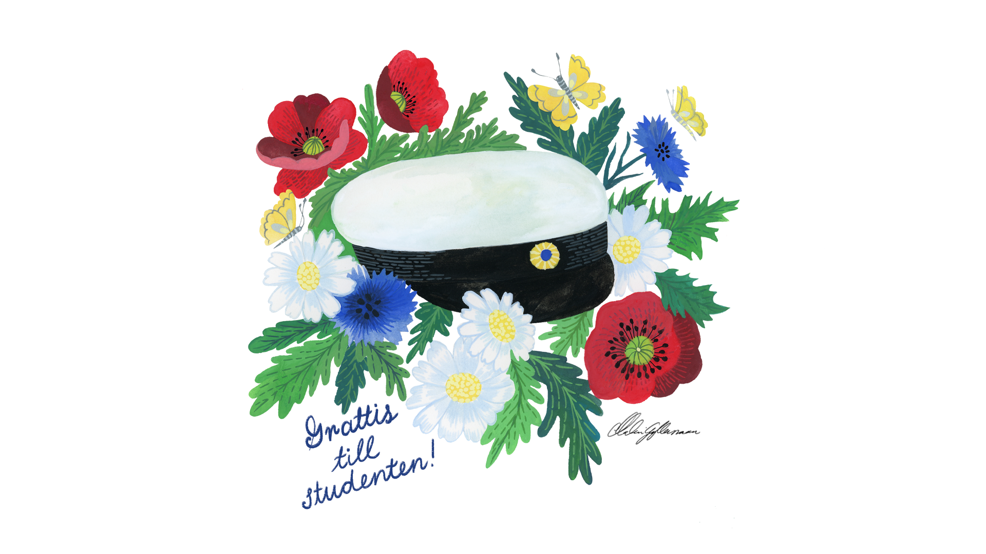 En svensk studentmössa med blommor och fjärilar runtom samt texten Grattis till studenten! under bilden.