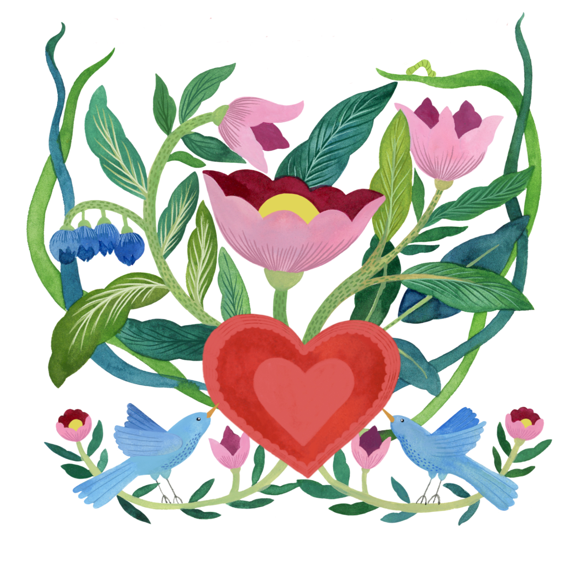Illustration av rosa och lila blommor med gröna blad, ett rött hjärta i mitten och två blå fåglar som tittar på varandra från varsin sida.