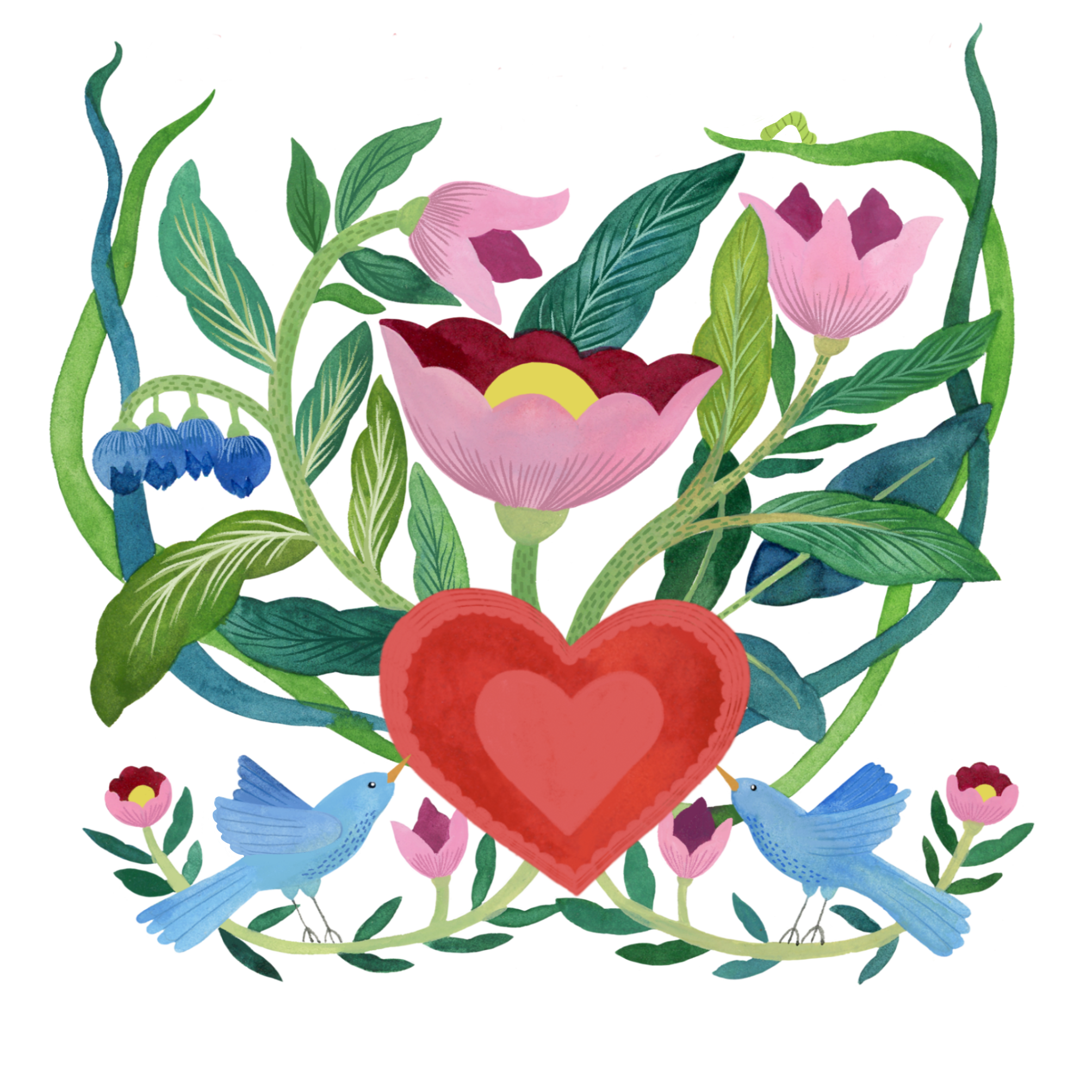 Illustration av blå fåglar, rosa blommor och gröna blad runt ett stort rött hjärta med ett mindre hjärta inuti, mot en vit bakgrund.
