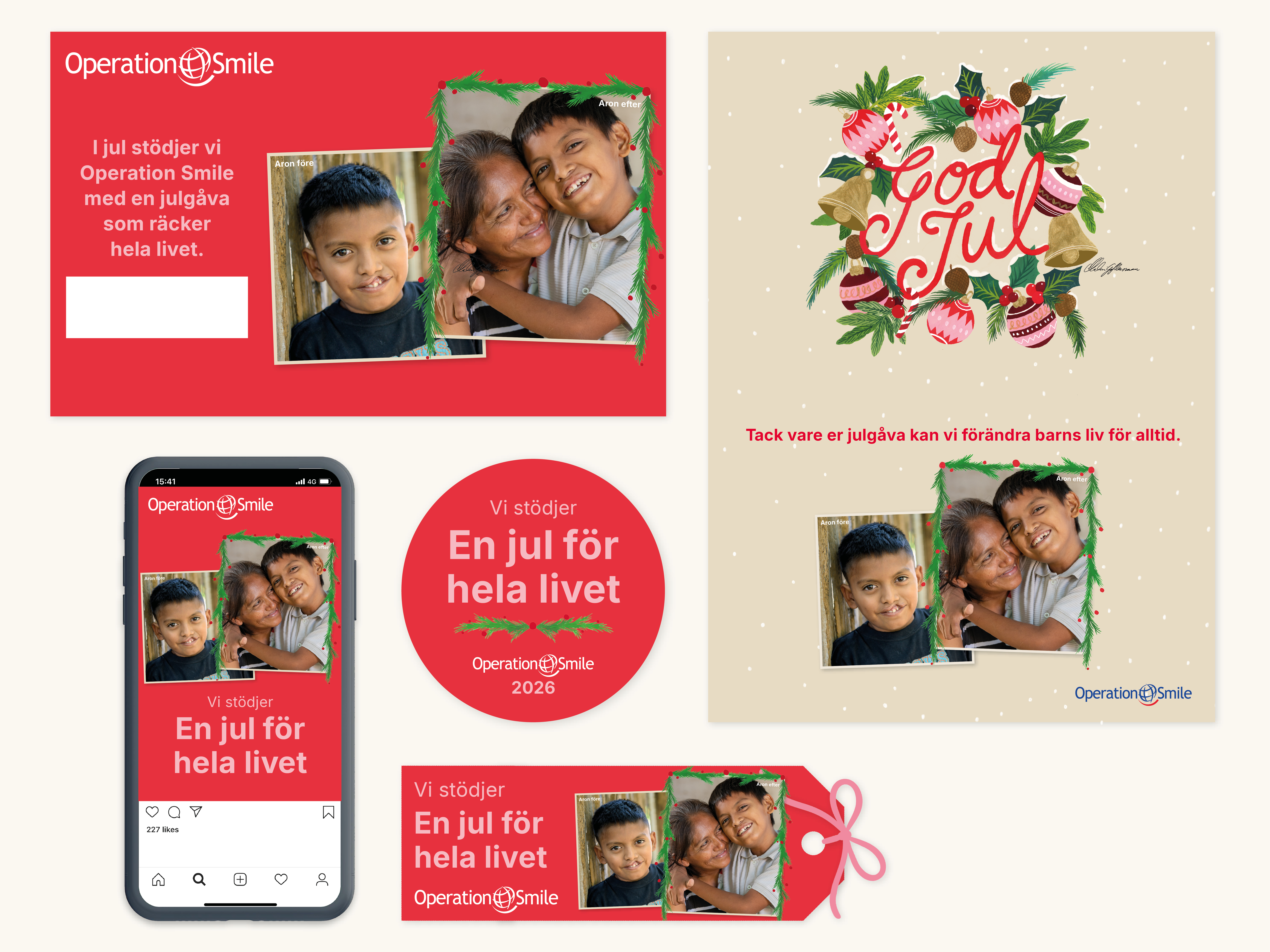 Kampanjmaterial på företagspaketet från Operation Smile inför julhelgen med bilder på ett barn före och efter operationen, med texten God jul och En jul för hela livet.